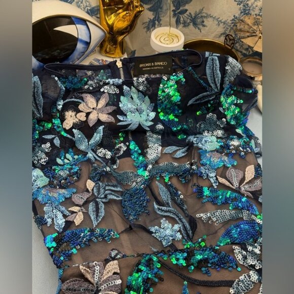 🆕 BRONX & BANCO🧿 NWOT Zinnia Side-Split Sequin Embroidered Gown, Navy Sz S US4 - Picture 12 of 13